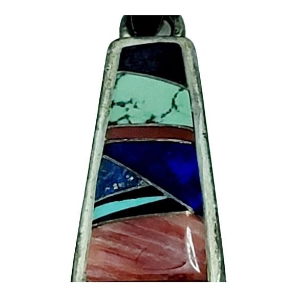 Calvin Begay Navajo Sterling Silver Inlay MultiColor Stone Pendant - Picture 3 of 6